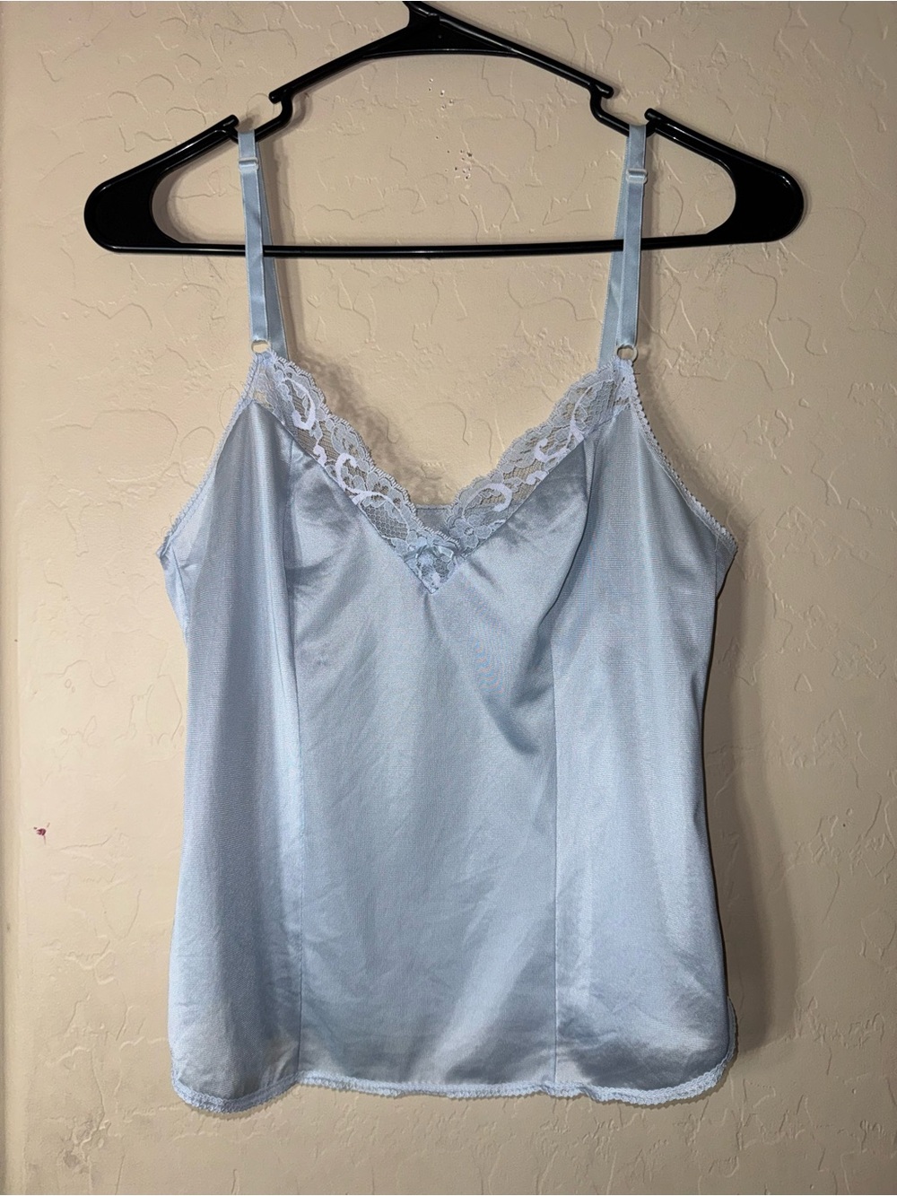 Vintage 80s JCPenney Light Blue Satin Lace Trim Camisole Slip Top 34 Small